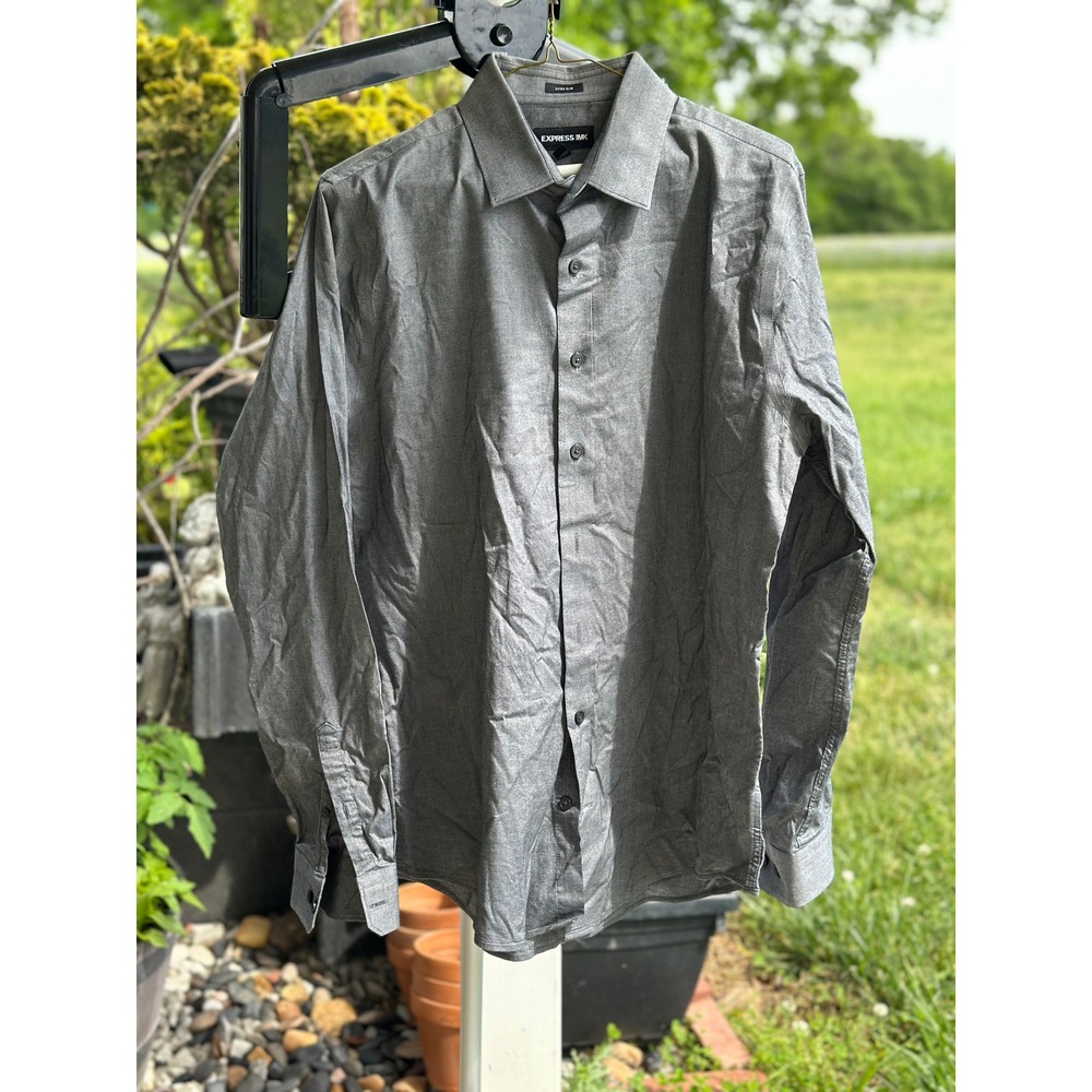 Express 1MX‎ Extra Slim Fit Shirt Men Large Gray Long Sleeve Easy Care Quick Dry